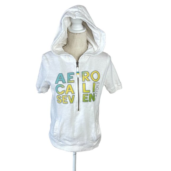 Aeropostale‎ Y2K Short Sleeve Hoodie Sweatshirt Womens Sz M White Half Zip Vtg - Picture 5 of 13